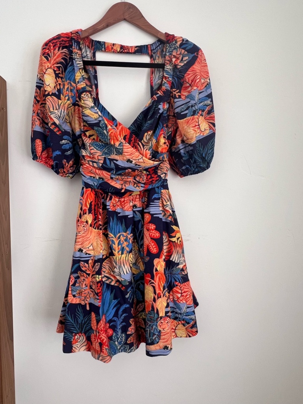 Anthropologie Navy Tropical Print Mini Dress with Puff Sleeves